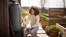 Adult woman filling watering can from water butt outside 