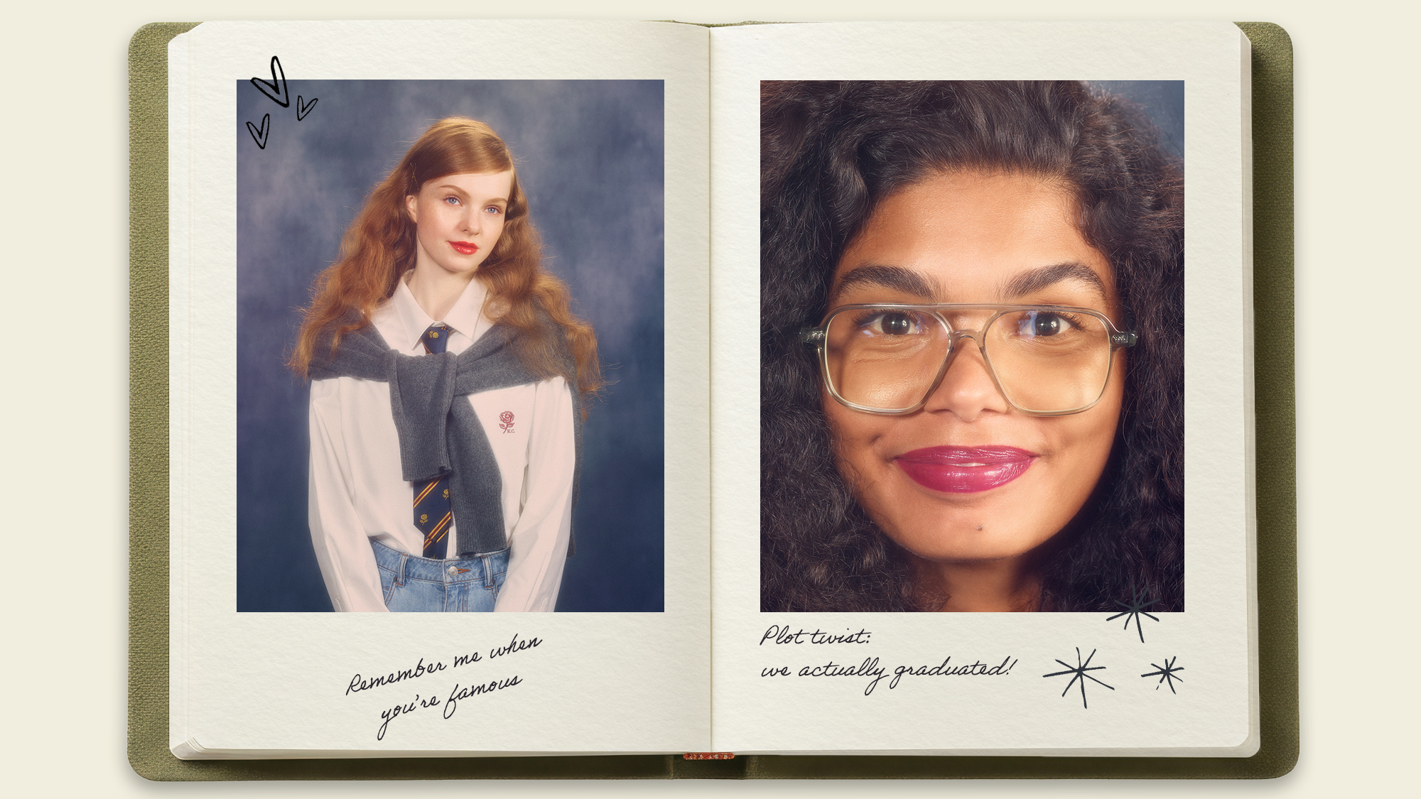 A year-book style graphic with models dressed in nostalgic school uniforms and bold glossy lips