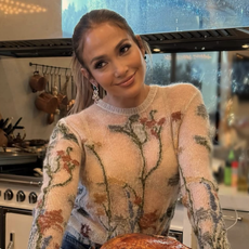 jennifer lopez wears a cherry blossom sweater on thanksgiving 2024