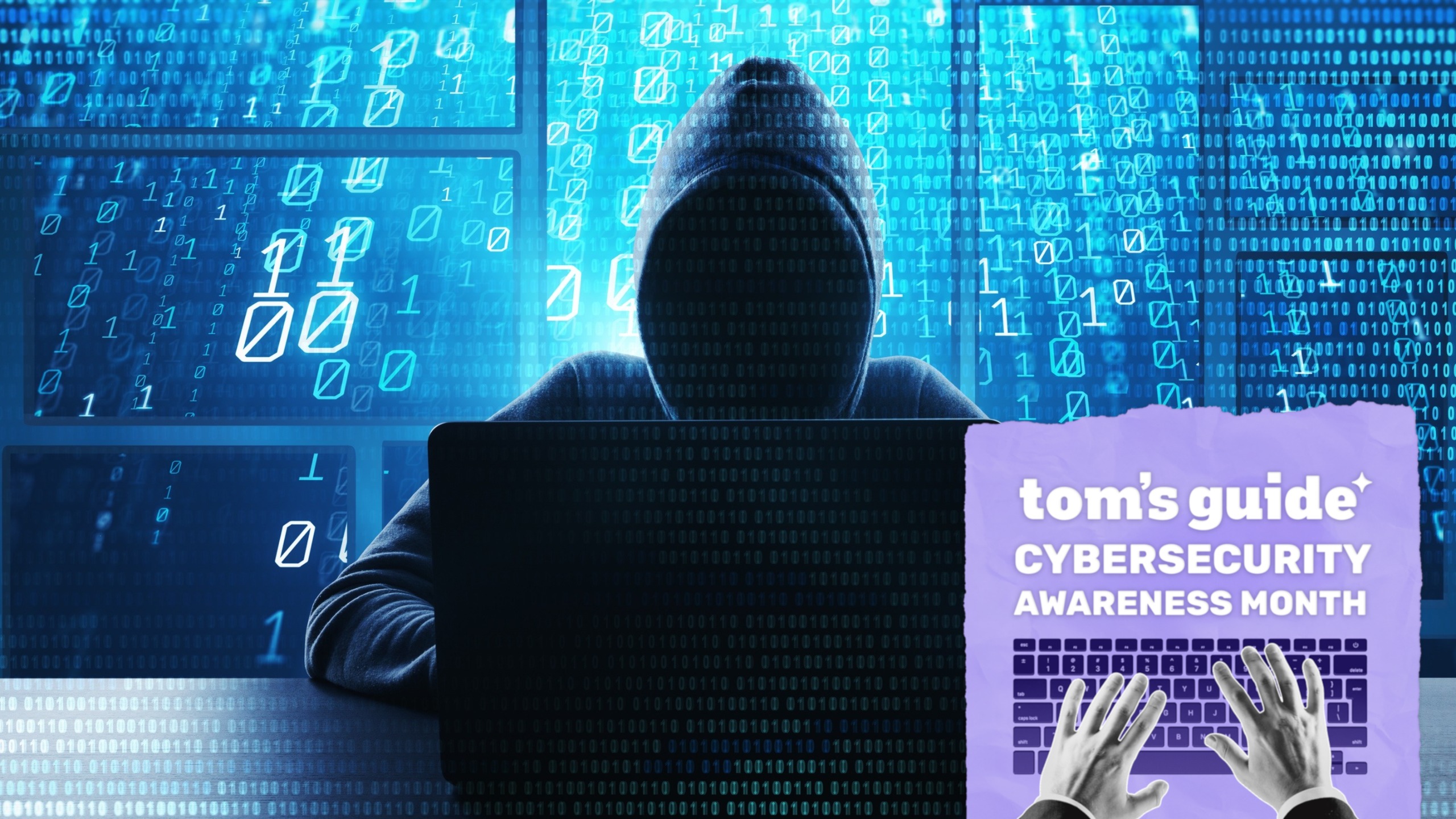 A hacker typing on a computer with binary text in the background with a Tom's Guide Cybersecurity Awareness Month badge