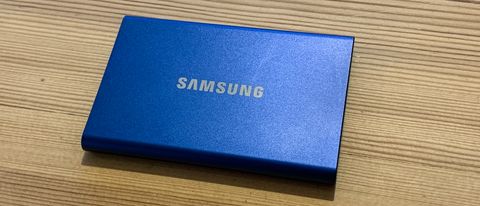Samsung T7 SSD on a wooden surface