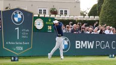 Rory McIlroy tees off the 1st hole at the 2025 BMW PGA Championship