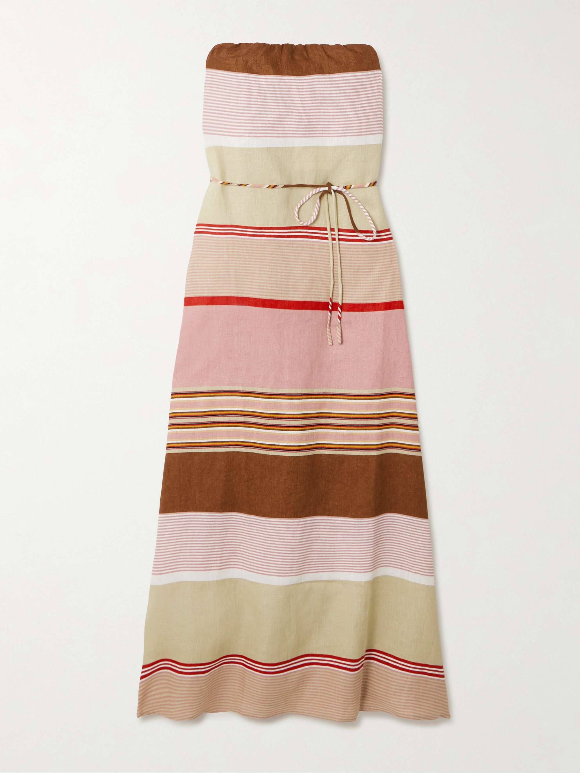 Yolina Strapless Belted Striped Linen Maxi Dress