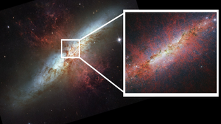 (Left) M82 as seen by Hubble. It's a blueish view. (Right) A close up of the galaxy's heart taken with the JWST, that's redder in tone.