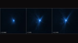 A series of three images from the Hubble Space Telescope showing a plume of ejecta in blue from the DART impact.