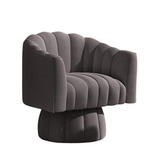 A dark gray pleated accent chair with a swivel base
