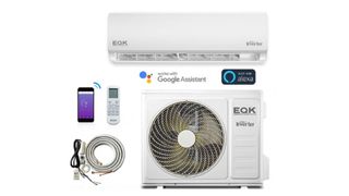 Emerson Quiet Kool 19S-EACH12R1W: Image shows air conditioner with remote control and smart app on mobile phone