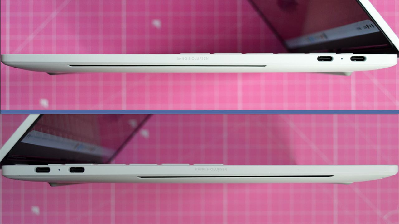 An HP Dragonfly Pro Chromebook on a ruled pink desk mat