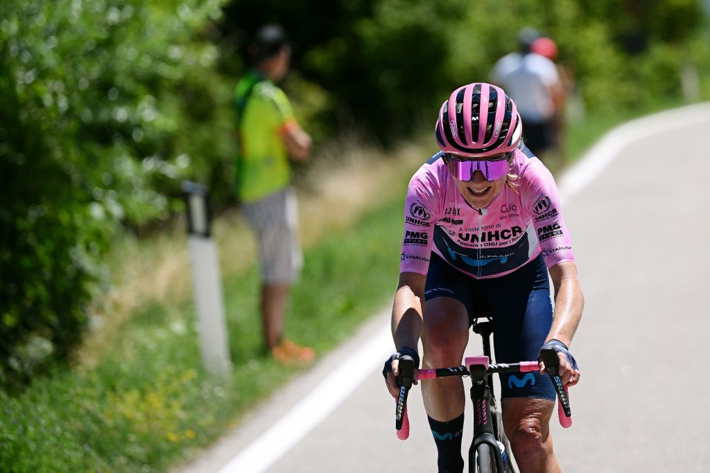 ALDENO ITALY JULY 08 Annemiek Van Vleuten of Netherlands and Movistar Team Pink Leader Jersey competes in the breakaway during the 33rd Giro dItalia Donne 2022 Stage 8 a 1047km stage from Rovereto to Aldeno GiroDonne UCIWWT on July 08 2022 in Aldeno Italy Photo by Dario BelingheriGetty Images