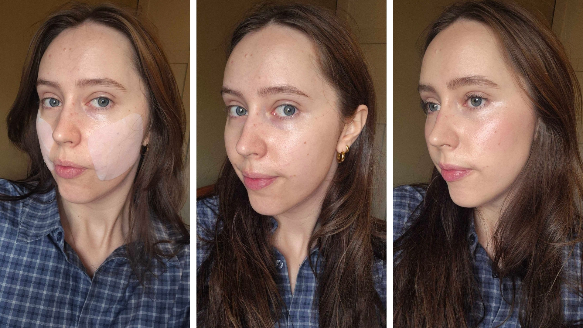 On the left is a picture of Beauty Writer, Naomi Jamieson with the Mediheal Collagen pads applied to her face, followed by a picture of her skin directly after application and on the right, with makeup applied over the top.