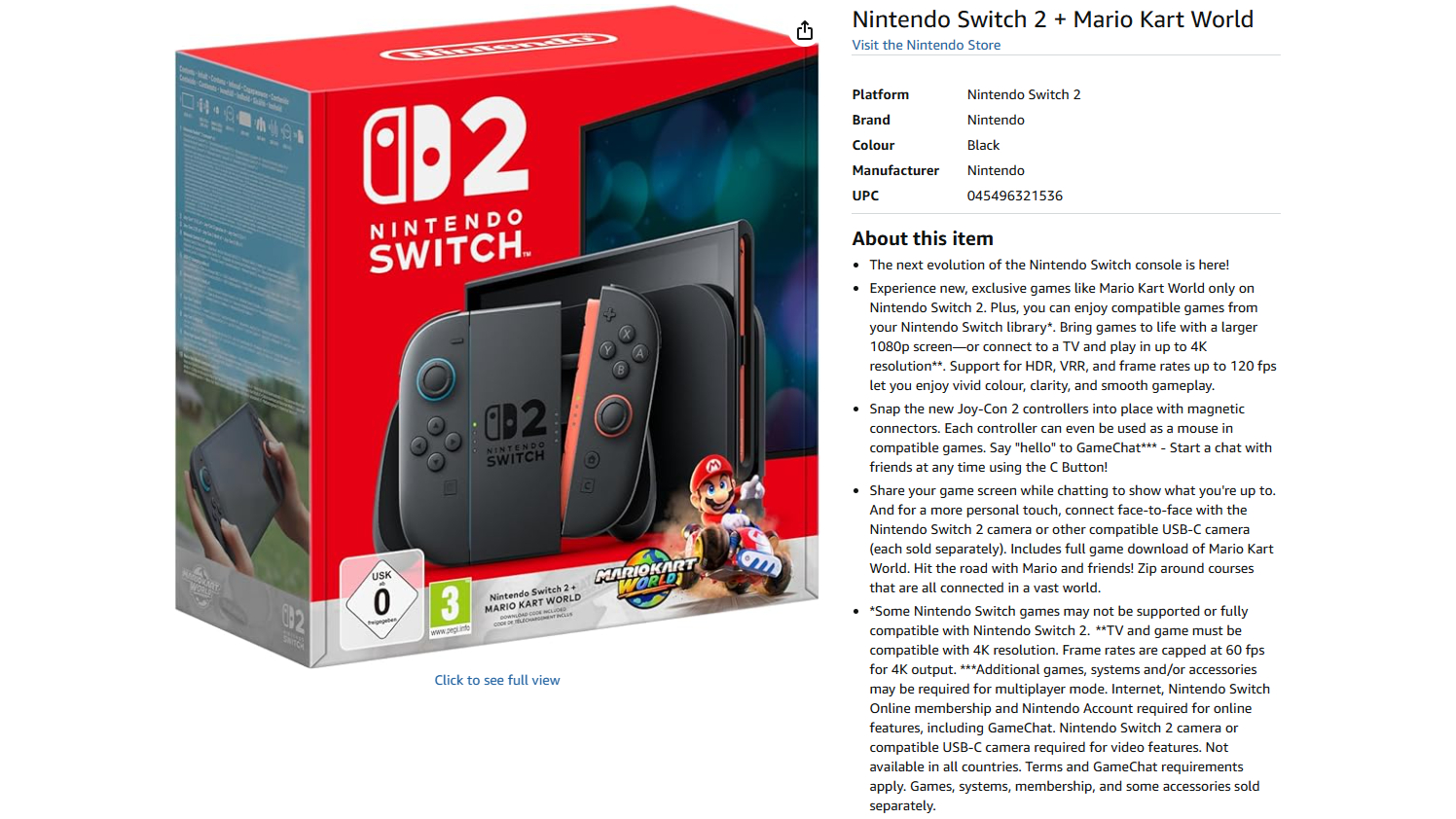 Nintendo Switch 2 product page on Amazon