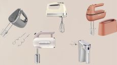 The best hand mixers that we tested: the Dualit, Bosch, KitchenAid, Kenwood, and Cuisinart models on a rose background