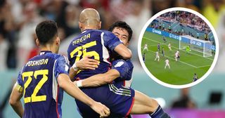 Japan score from stunning corner move against Croatia: Daizen Maeda of Japan celebrates with his team mates after scoring a goal to make it 1-0 during the FIFA World Cup Qatar 2022 Round of 16 match between Japan and Croatia at Al Janoub Stadium on December 5, 2022 in Al Wakrah, Qatar.