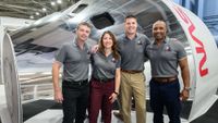 The Artemis 2 crew poses in front of an Orion simulator Jan. 23, 2026 at NASA's Johnson Space Center in Houston. From left: Reid Wiseman, Christina Koch, Jeremy Hansen and Victor Glover.