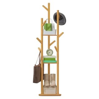 A wooden coat rack with shelves