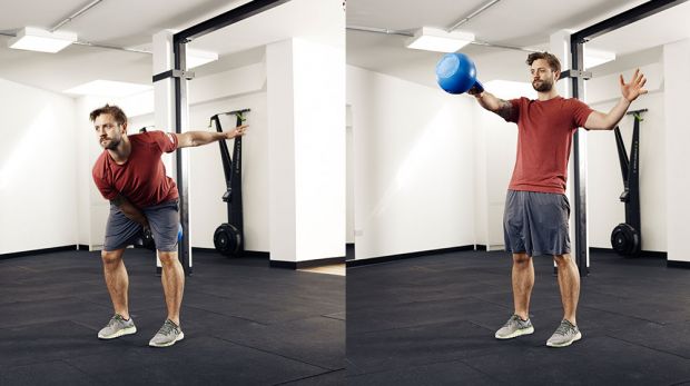 Man performs one-hand kettlebell swing