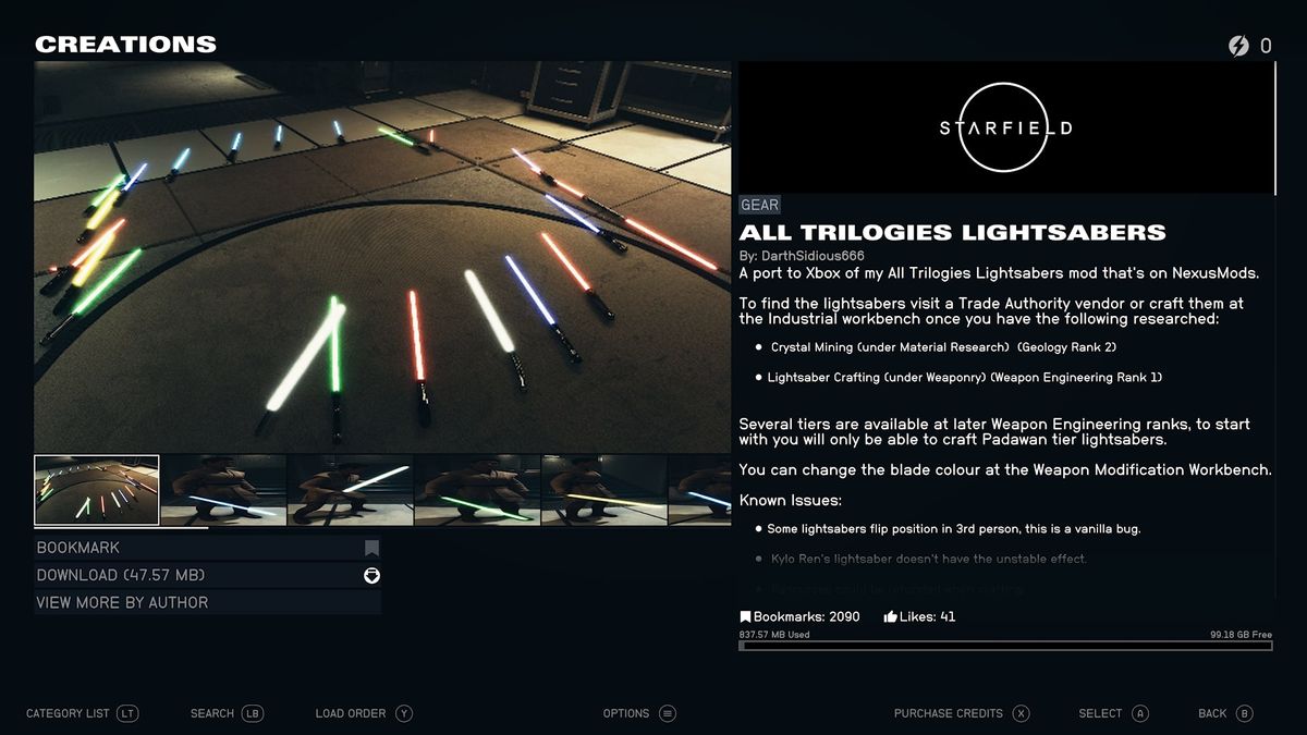 Screenshot of Starfield mods