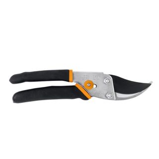 Pruning shears with black handles and curved steel clippers