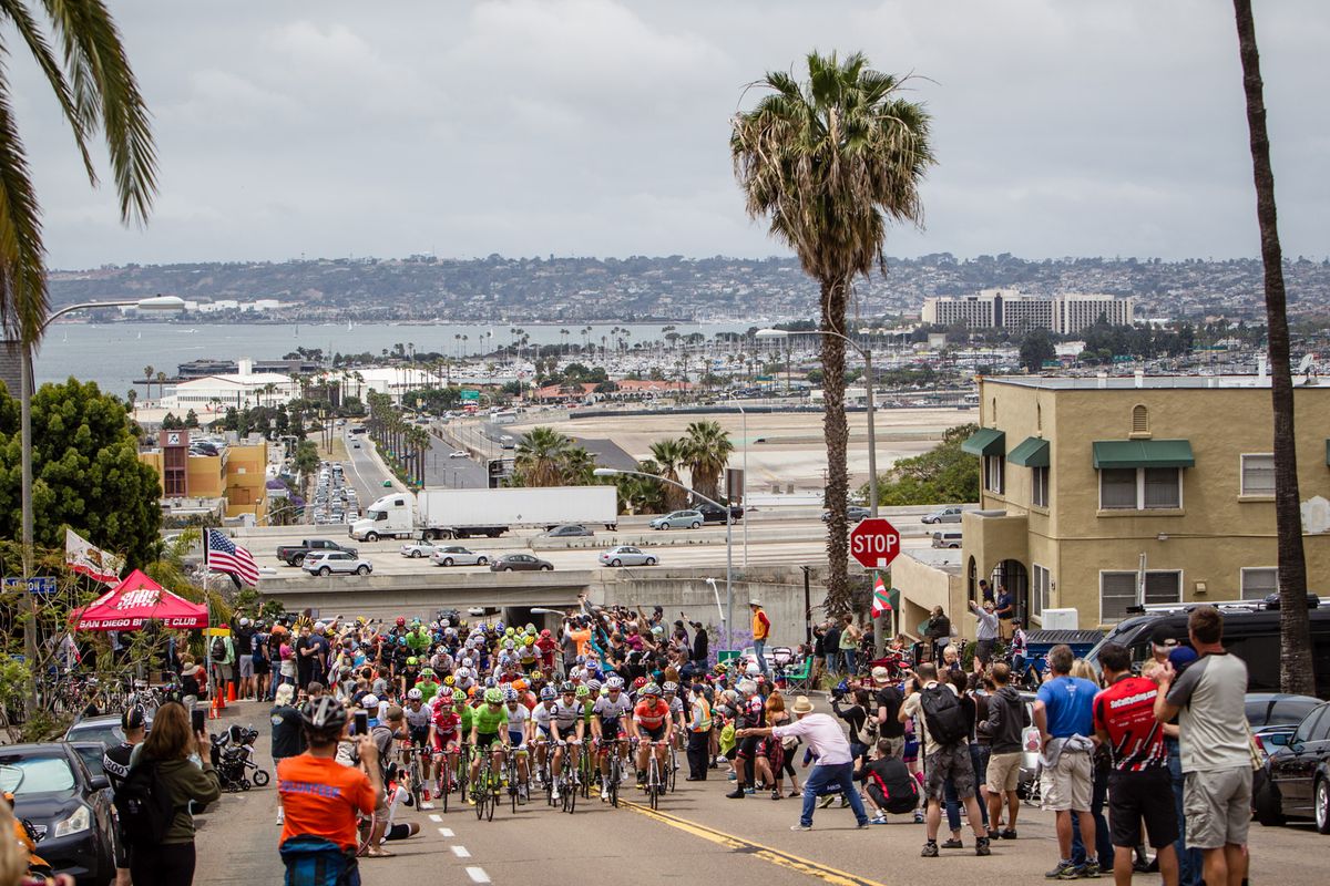 The peloton hits a steep climb on the course
