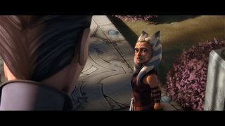 Still from Star Wars: The Clone Wars Season 3 Episode 10: Heroes on Both Sides. Here we see the back of a person's head with Ahsoka (orange skin, white face markings, white head tails with blue stripes) standing in just in front of them. Looking back at the person.