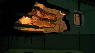 The best PSVR 2 games; a dinosaur peers in through a hole in a wall