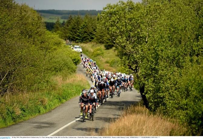 The peloton leaves Lisdoonvarna, Co. Clare