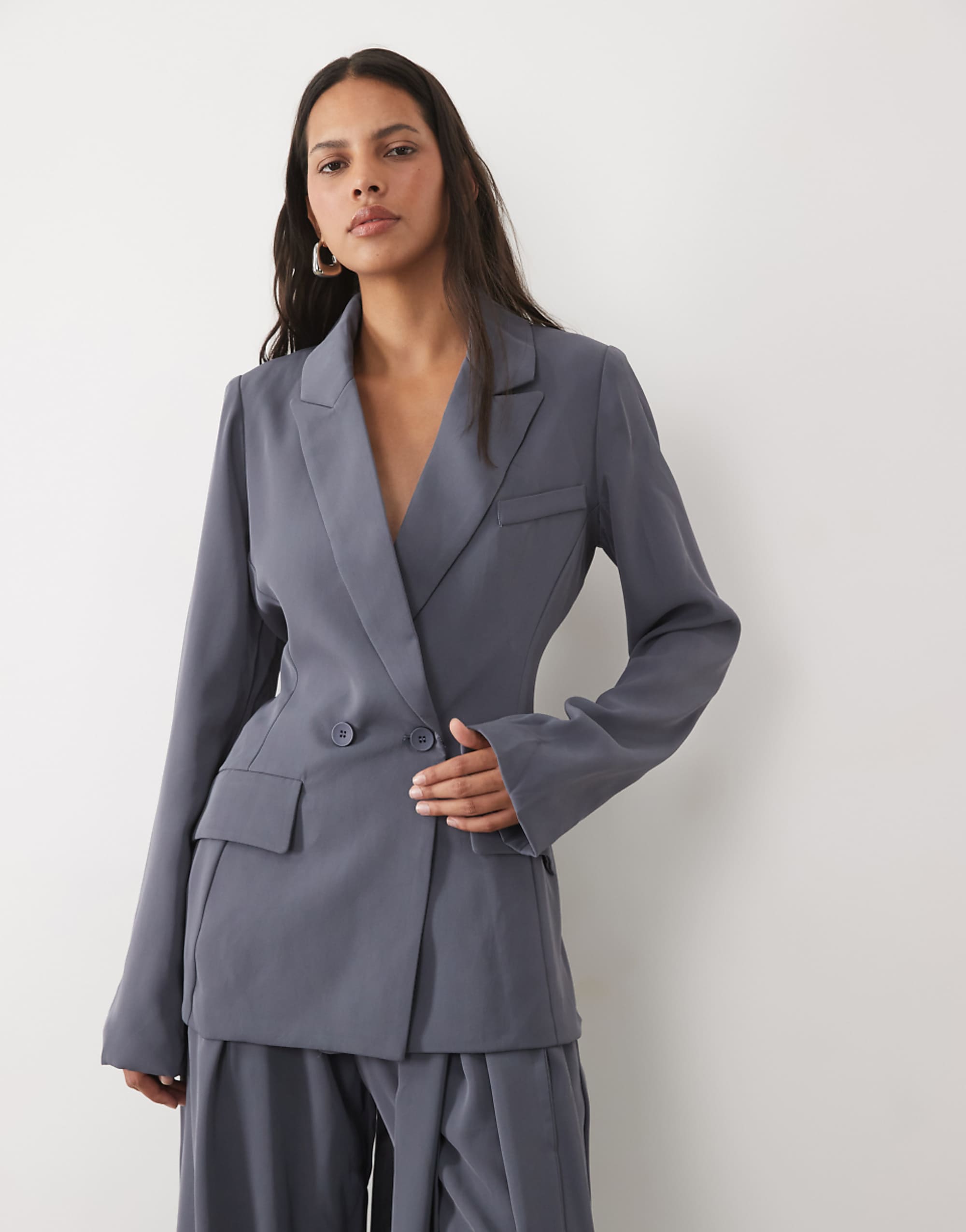 Sndys Tailored Wrap Belted Drape Detail Blazer Co-Ord in Slate