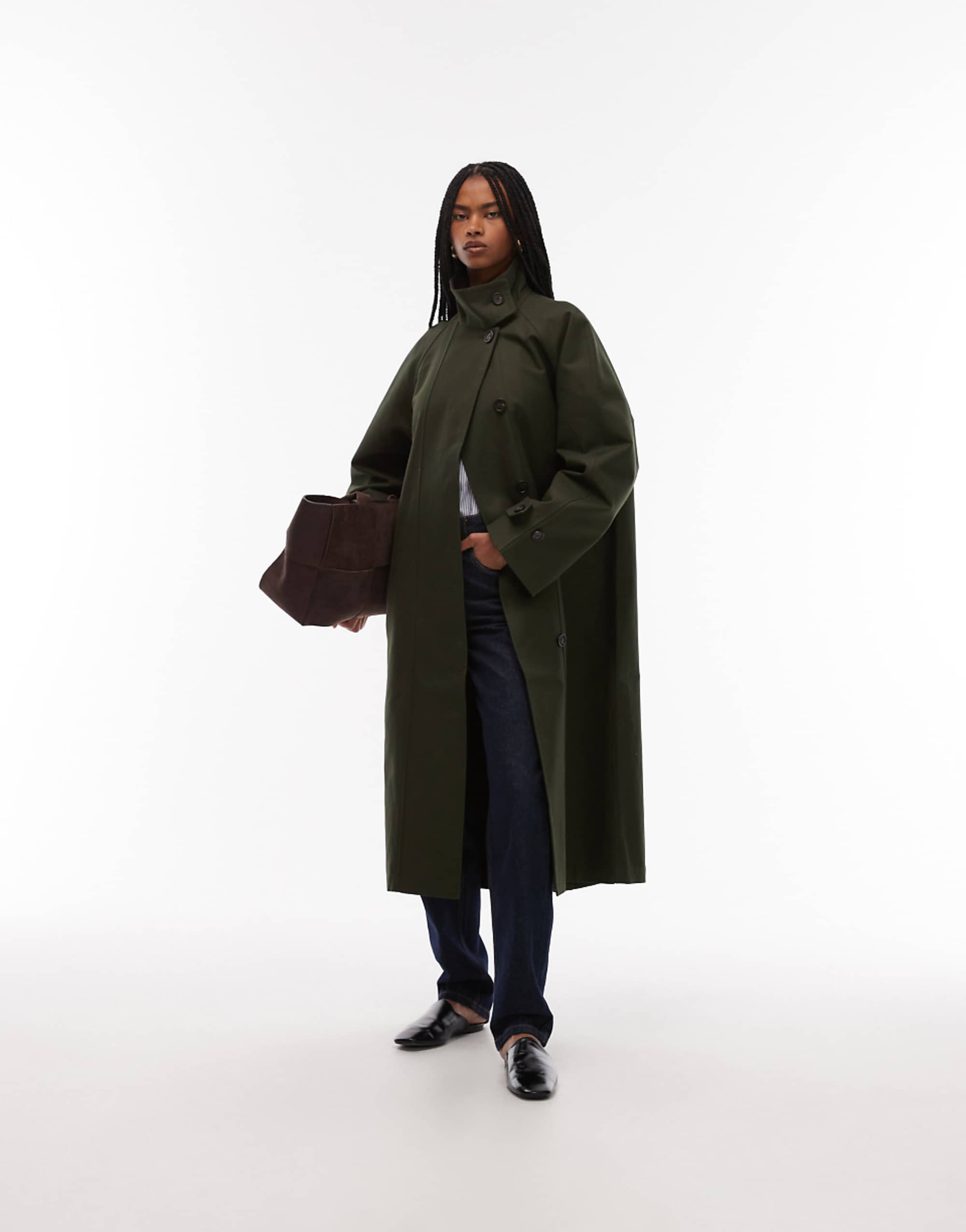 Arket Waxed Cotton Midaxi Trench Coat in Green
