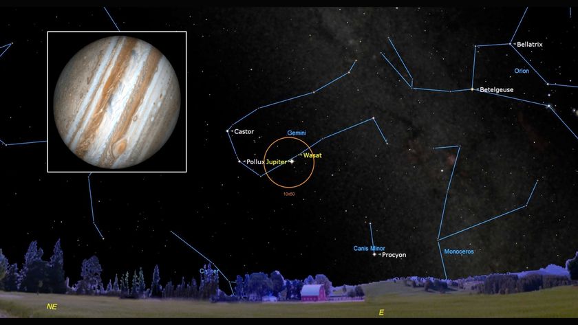 A star map shows labeled stars like Betelgeuse with an orange circle around the dot labeled Jupiter and a boxout to the left of the image showing a close up of the planet Jupiter in space surrounded by a white box