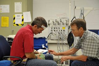The University of Waterloo's Richard Hughson (right) does preflight training with Canadian astronaut Chris Hadfield prior to the astronaut's Expedition 34/5 flight in 2012-13.