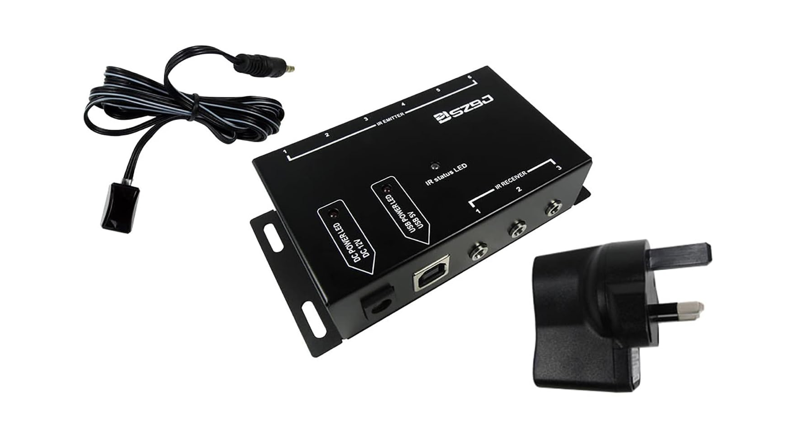 The parts of an IR repeater, arranged against a white background