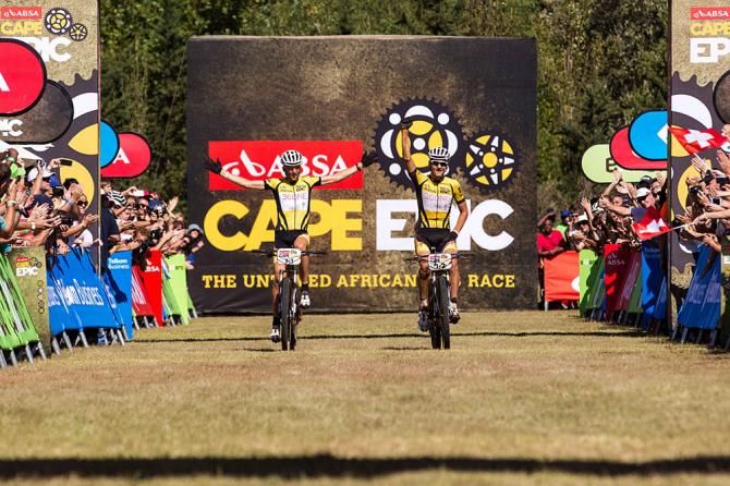 A triumphant Jaroslav Kulhavy and Christoph Sauser of Burry Stander-Songo