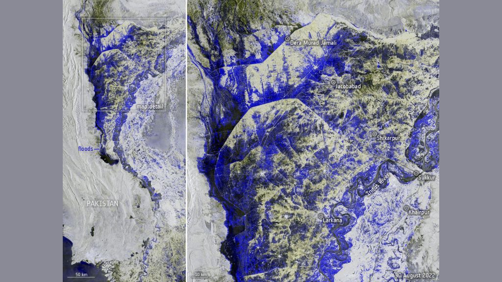 satellite image shows region of pakistan between the indus river and hamal lake, where flooded areas are marked in dark blue and black