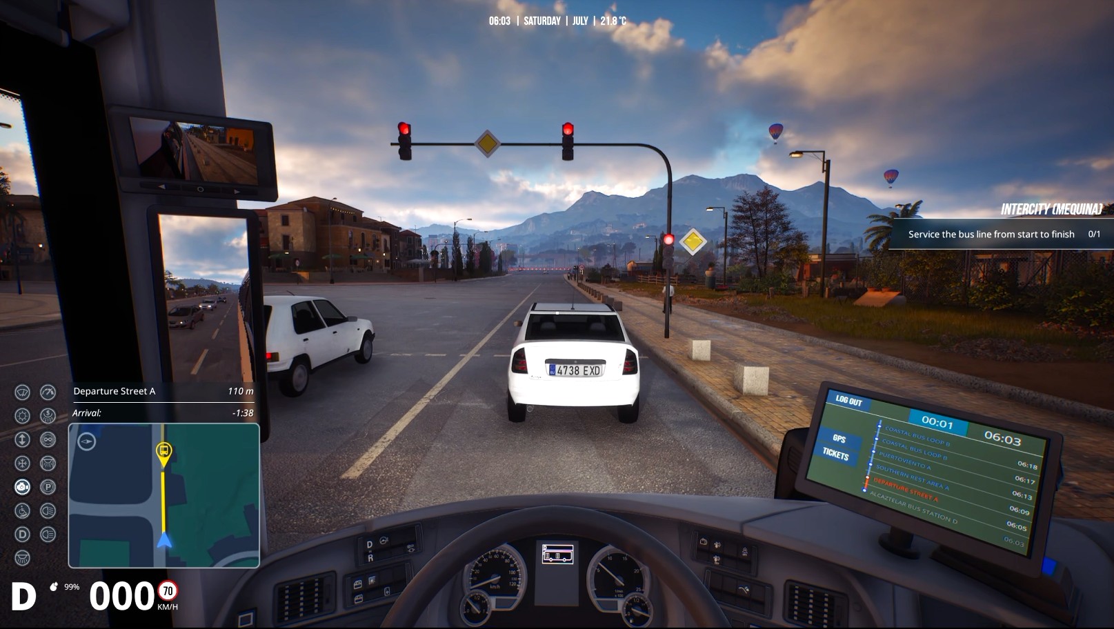 A screenshot from the Bus Simulator 27 demo driving a Mercedes bus stopped at a red light with a white car in front.