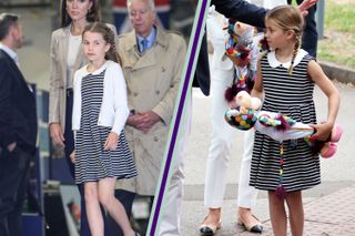 Princess Charlotte stripe dress at The Air Tattoo split layout with Princess Charlotte wearing the same stripe dress to the Commonwealth games last year