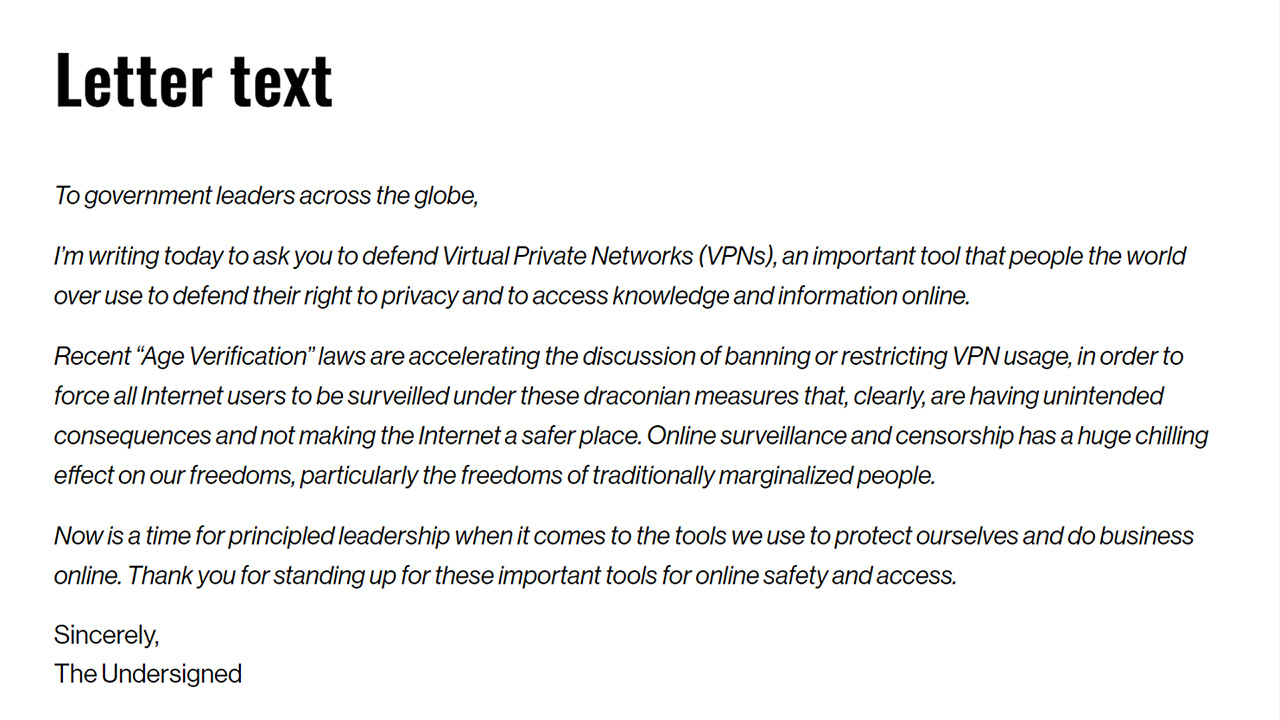 Screenshot of the letter Fight for the Future is encouraging people to sign