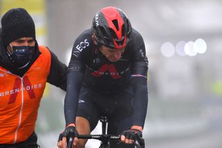 THYON 2000 LES COLLONS SWITZERLAND MAY 01 Geraint Thomas of The United Kingdom and Team INEOS Grenadiers disappointment at arrival after crash during the 74th Tour De Romandie 2021 Stage 4 a 1613km stage from Sion to Thyon 2000 Les Collons 2076m TDR2021 TDRnonstop UCIworldtour on May 01 2021 in Thyon 2000 Les Collons Switzerland Photo by Luc ClaessenGetty Images