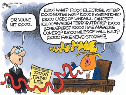Political Cartoon U.S. Trump fake news 10000 lies the wall windmill cancer