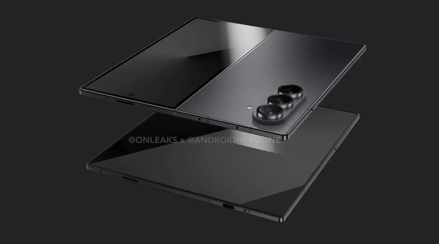 A supposed rendering of the Galaxy Z Fold 7, showing its real panel with a vertical triple camera array.