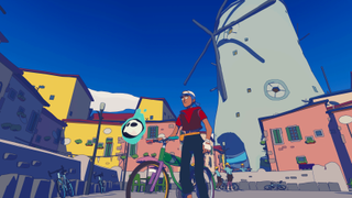 The player stands next to their dismounted bike in a town square