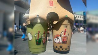 The cactuar matcha milk tea and the fat cat brown sugar milk tea from Gong Cha.