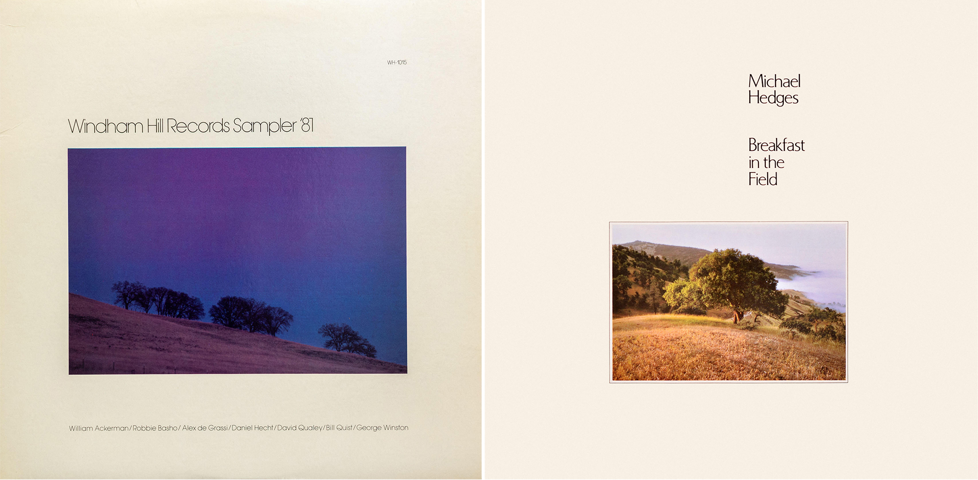 Covers of Windham Hill albums: Windham Hill Records Sampler '81 and Michael Hedges' Breakfast in the Field