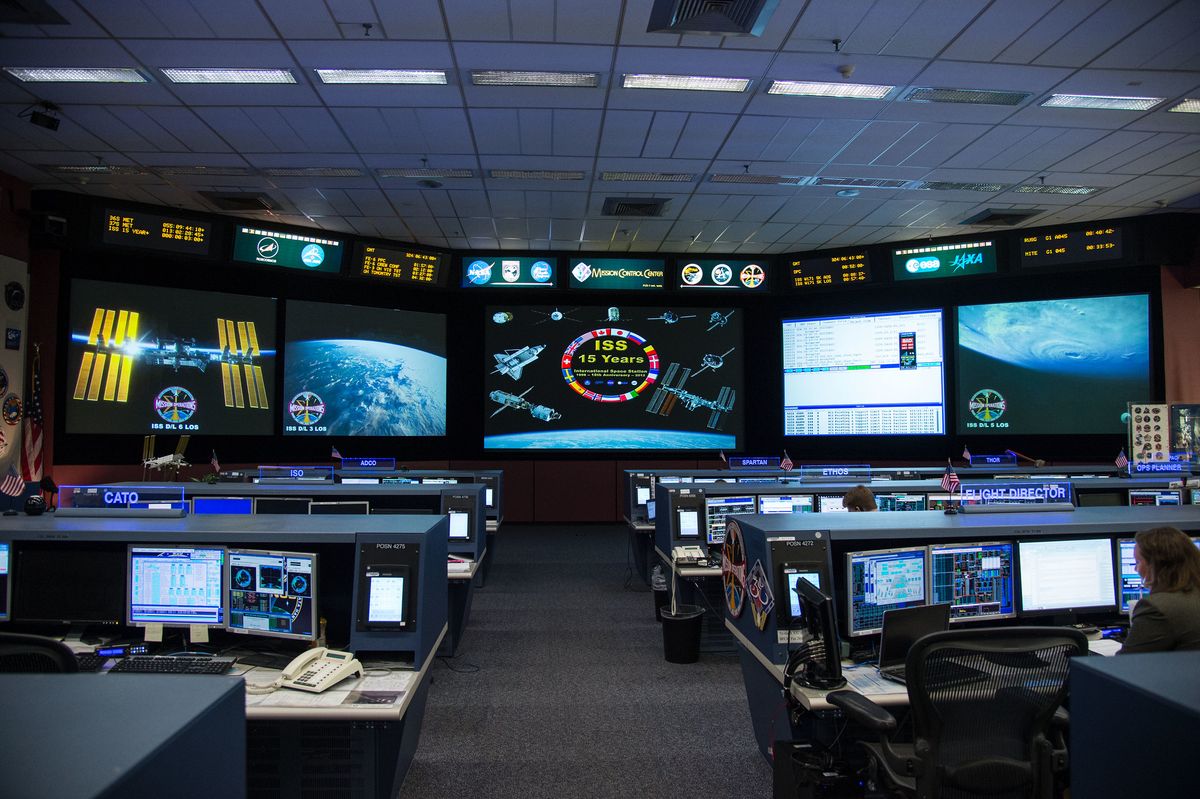 The space station flight control room at NASA&#039;s Johnson Space Center. 