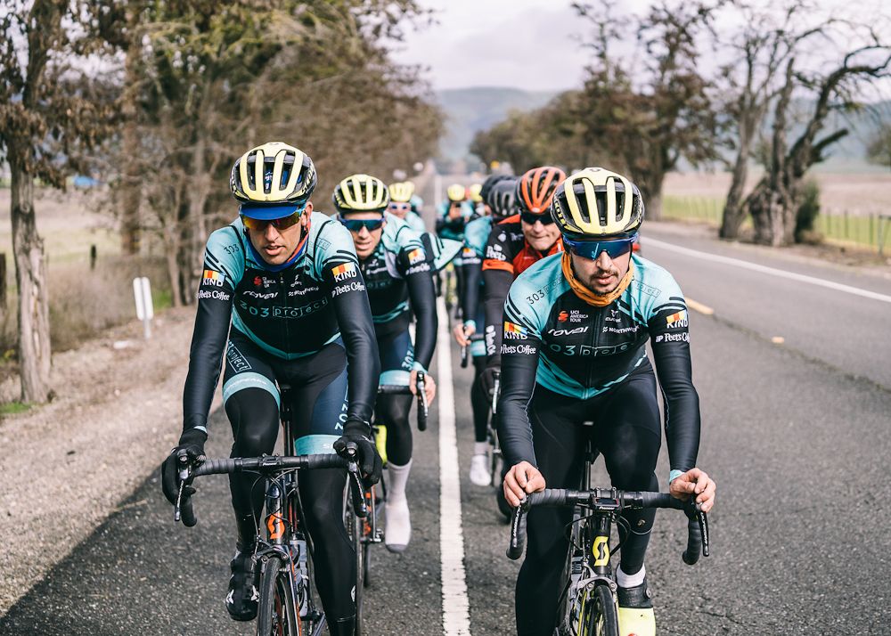 303 Project physiotherapist Albert Montserrat enjoys a ride with the team and the Peet's Coffee Masters