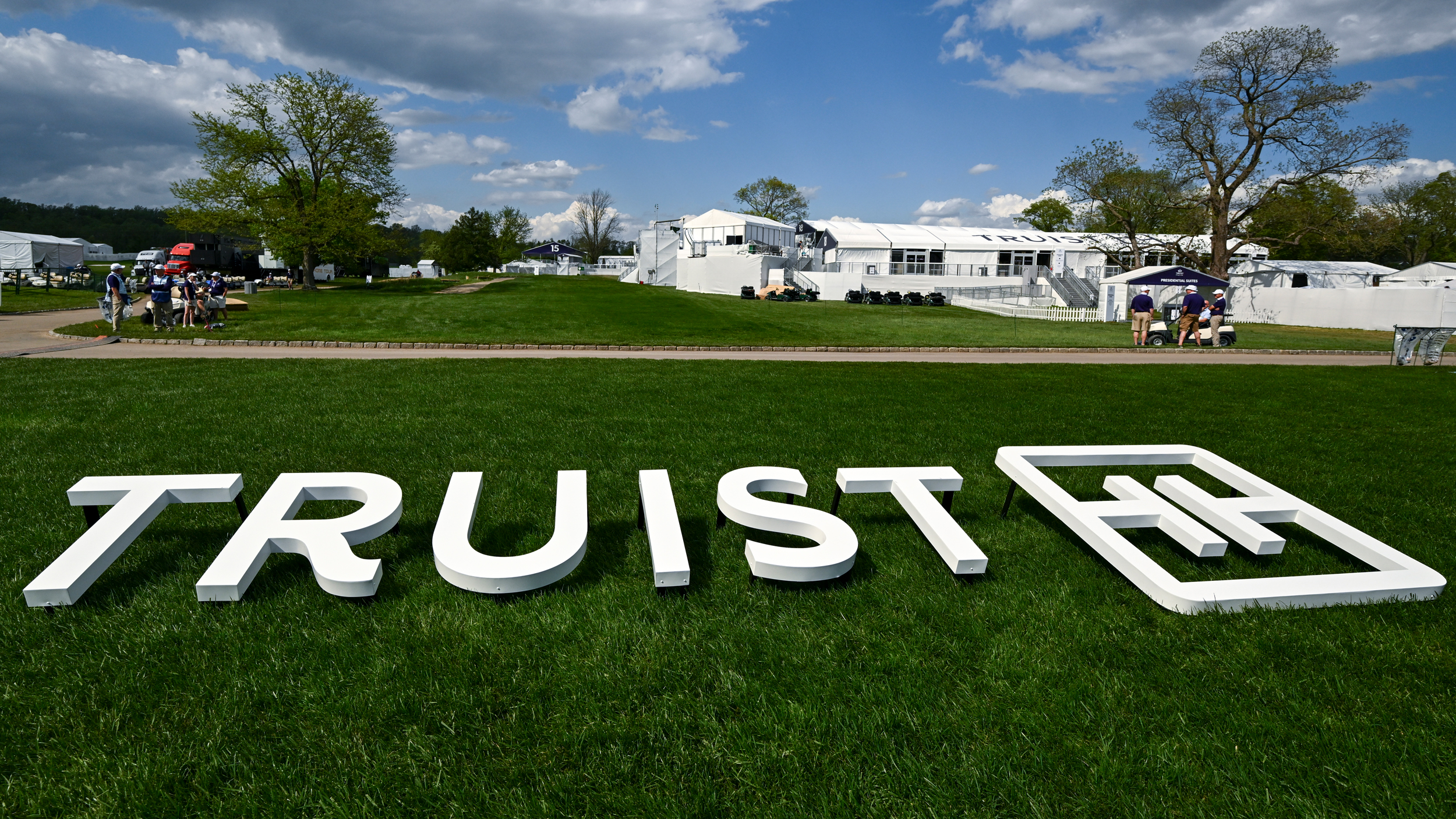 A TRUIST logo on the grass at the PGA Tour's Truist Championship