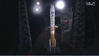The United Launch Alliance Delta IV rocket carrying the U.S. military's Wideband Global SATCOM 9 satellite stands poised to launch into orbit from Cape Canaveral Air Force Station on March 18, 2017 in this ULA video still.