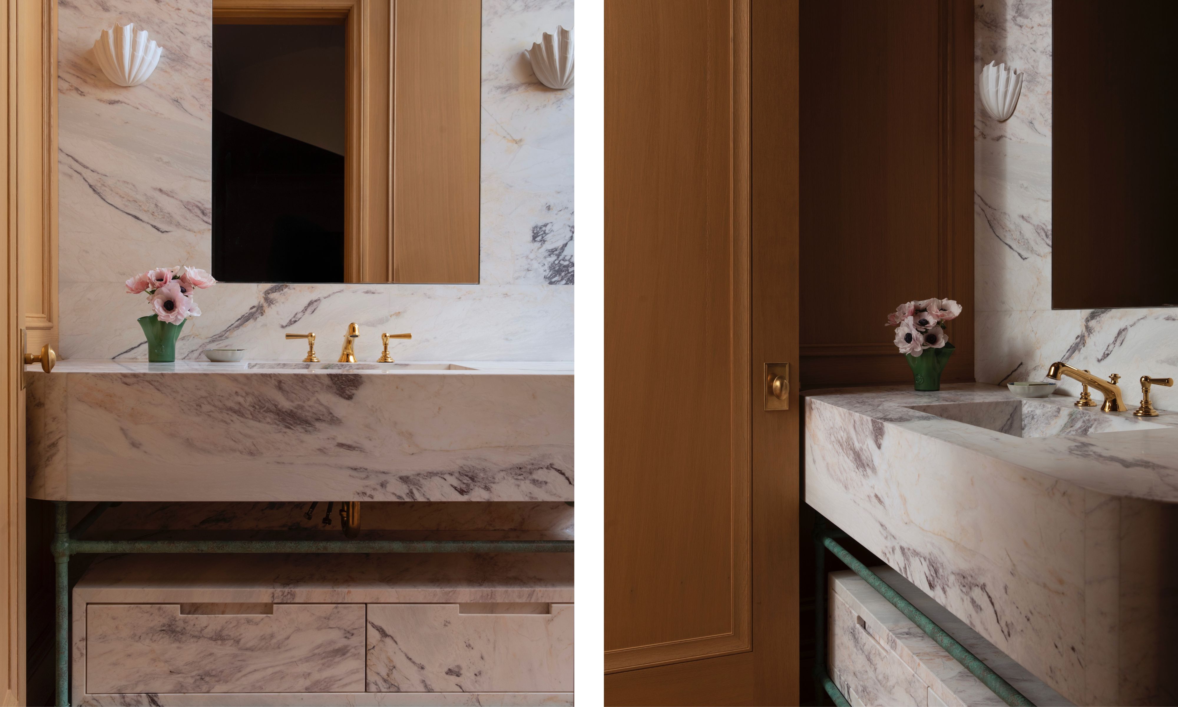 A split-view image of a luxurious bathroom vanity. The left side shows a front-facing view of a thick, purple-veined marble sink and countertop with gold fixtures, shell-shaped wall sconces, and a matching marble drawer unit below. The right side offers an angled perspective of the same vanity, highlighting the deep marble basin and the warm wood paneling of the adjacent door
