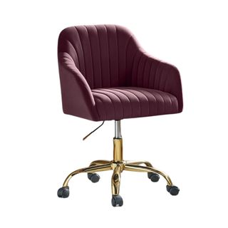 A deep purple office chair with gold legs 