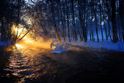Mountain river on winter morning.