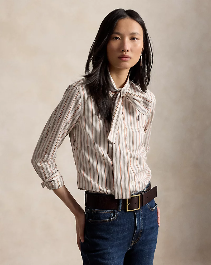 Slim Fit Striped Cotton Tie Neck Shirt
